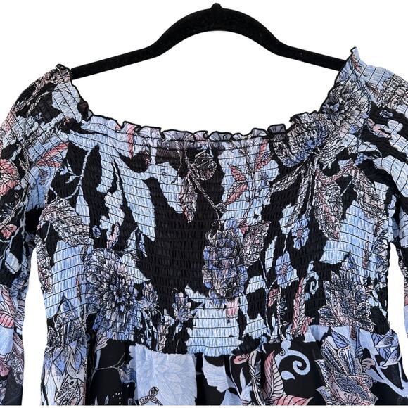 Floral Smocked Blouse Sz M Bell Sleeve Coquette Flowy Boho Feminine Peasant Art - Picture 5 of 14